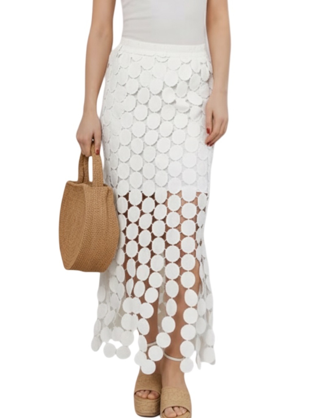 🍒NEW Laser Cut Circle Double Layered High Waist Midi Skirt in Snow, Size Medium